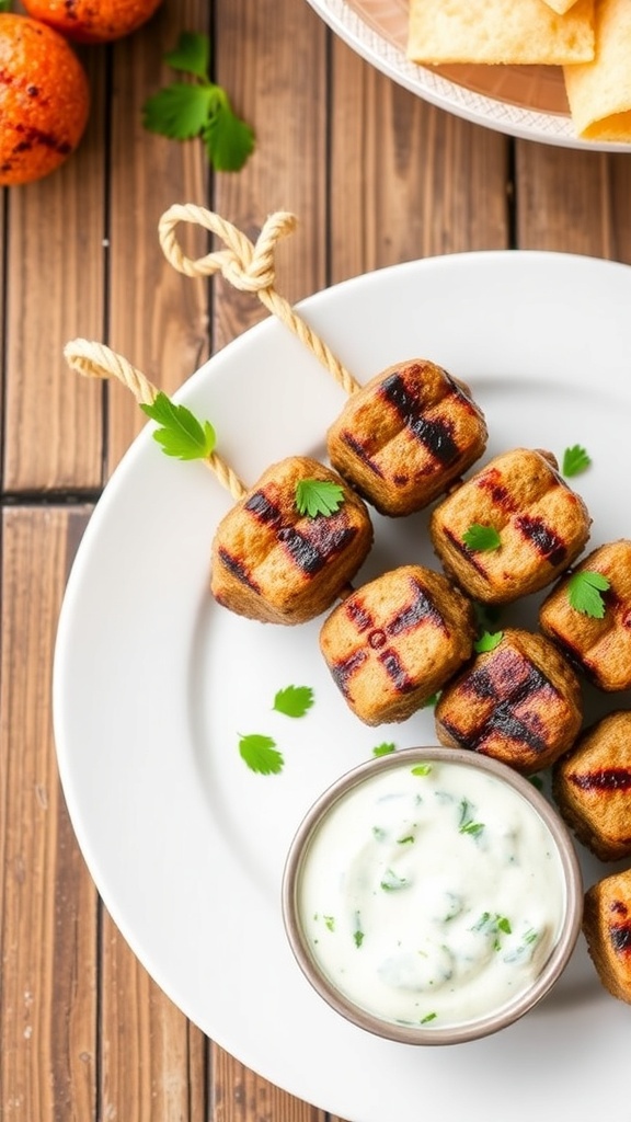 Grilled Beef Kofta Kebabs with tzatziki sauce on a rustic table.